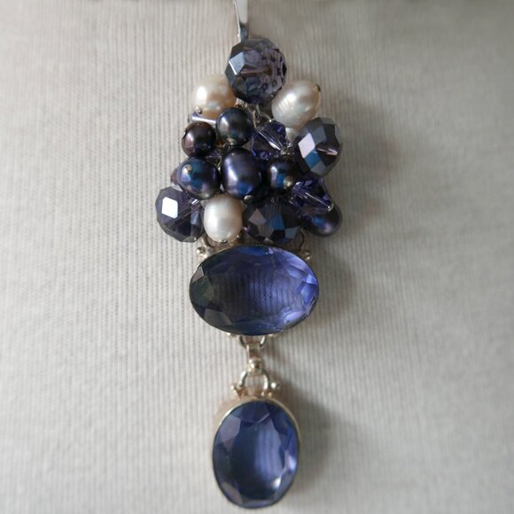 Freshwater Pearl Cluster Pendant - Swarovski Crystals, Iolite -  Sterling Silver - Picture 4 of 5